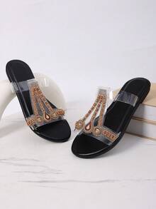 串珠和水钻装饰的波西米亚风平底拖鞋，适合青少年女孩夏季穿着 - 黑色 - 查看 1
