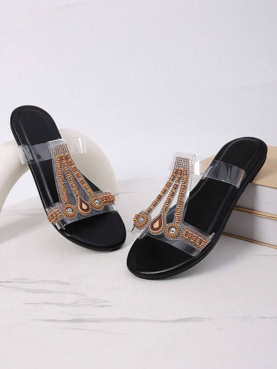 串珠和水钻装饰的波西米亚风平底拖鞋，适合青少年女孩夏季穿着 - 黑色 - 查看 1