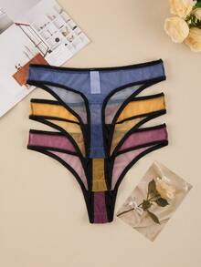 7pcs Women's Minimalist Fashionable Mesh Briefs & Thongs - Multicolor - View 3