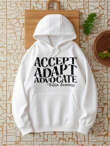 1Pc Accept Adapt Advocate Autism Awareness Hoodie - Long Sleeve, Knit Fabric, Relaxed Fit, Full Size, Fashionable Graphic Print, Perfect For Casual Outings And Daily Wear Women's Minimalist Regular Fit Long Sleeve Sweatshirt - Casual Daily Outfits Top Valentine Outfits For Women - 白色 - 查看 1