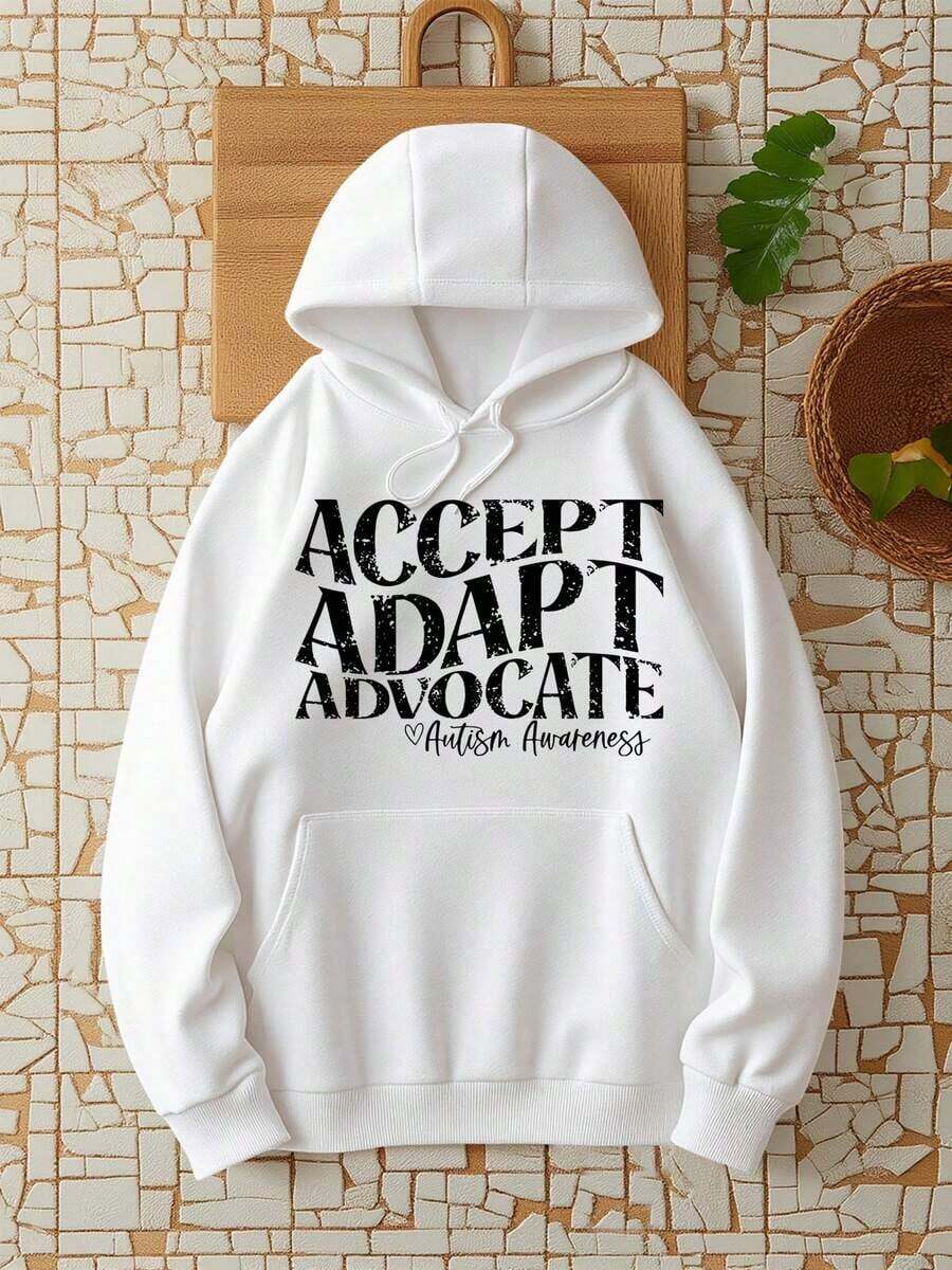 1Pc Accept Adapt Advocate Autism Awareness Hoodie - Long Sleeve, Knit Fabric, Relaxed Fit, Full Size, Fashionable Graphic Print, Perfect For Casual Outings And Daily Wear Women's Minimalist Regular Fit Long Sleeve Sweatshirt - Casual Daily Outfits Top Valentine Outfits For Women - 白色 - 查看 1