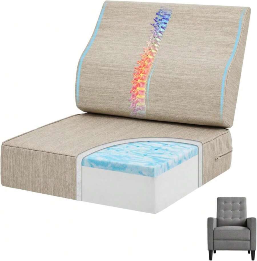 Baibu Gel Memory Foam Recliner Cushions With Lumbar Support Pillow For Elderly, 20x20x5 Inch Thick Dual-Layer Patent Design Non-Slip Seat Cushion For Recliner Chair For Reduce Hip &Amp; Lumbar Pain, Beige - ColorB - 查看 1