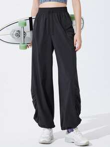 女士速干徒步裤，宽松户外裤，抽绳腰带和可调节裤脚，四向弹力尼龙面料，带大口袋，适合徒步和攀岩 - 黑色 - 查看 1