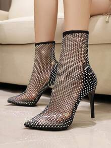 Women's Rhinestone Hollow Out Fishnet Over-The-Knee Boots, Fashionable Pointed Toe High Heel Boots
