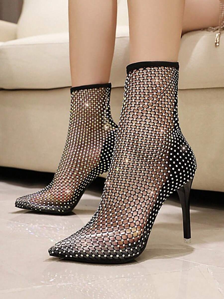 Women's Rhinestone Hollow Out Fishnet Over-The-Knee Boots, Fashionable Pointed Toe High Heel Boots
