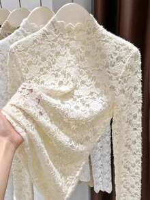 Apricot Turtleneck Lace Camisole, 2025 New Autumn/Winter Mesh Layering Sheer Top, Elegant - Apricot - View 3