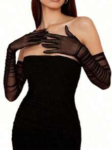2PCS Black Gloves Opera Gloves Women's Goth Tulle Extra Long Gloves, Black Elastic Lace Mesh, Semi Transparent Opera Halloween Dinner Gloves Solid Elegant Bridal Gloves For Wedding Part Halloween Accessories Winter Glovesy2k Wedding - 黑色 - 查看 1