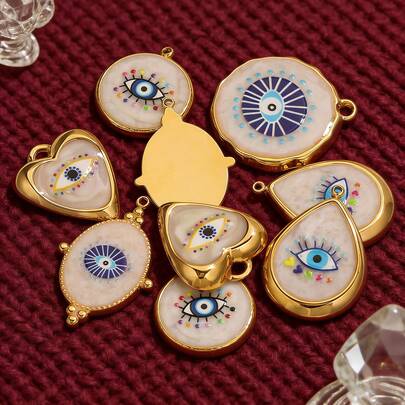 1 pieza de acero inoxidable 304 con baño de oro de 18K y esmalte con ojo de diablo blanco y azul, adecuado para hacer pendientes, pulseras y accesorios de joyería al por mayor