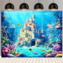 1 pieza Telón de fondo de fotografía de poliéster vibrante con castillo submarino de princesa, vida marina colorida, ideal para celebraciones y eventos de primavera, sin electricidad, decoración de fiesta submarina, plano 2D