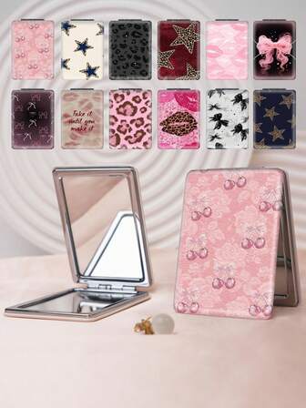 1pc Y2K Millennium Series Portable Vanity Folding Mirror, Lightweight, Ultra-Thin, Convenient Hand Mirror, Durable PU Leather, Suitable For Multiple Scenarios, All People, Foldable Pocket Mirror With Unique Cherry Blossom, Leopard, Star, Lip, Bow Patterns, 180° Flip Cover, Multi-Functional