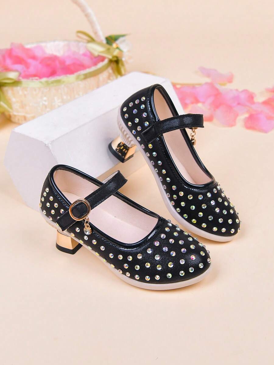 Fashionable Rhinestone Embellished High Heel Shoes For Girls - Black - View 1