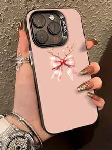 Ciervo con lazo rosa navideño sobre fondo salmón. funda de móvil de láser Elemento de diseño de funda para teléfono,  ideal como regalo para cumpleaños, para mamá, familiares, amigos, no - Negro - Ver 2