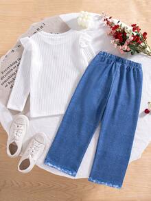 2 Potong Setelan Kasual Anak Perempuan, Atasan Lengan Panjang Motif Ceri Bordir Warna Polos dan Celana Motif Denim Imitasi, Musim Semi/Musim Gugur - Putih - View 2