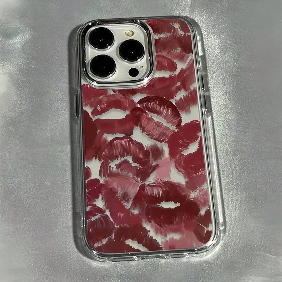 1pc Metal Transparent Shock-Absorbing Anti-Fall Full Screen Red Lip Pattern Phone Case Compatible With IPhone 17, 16, 15, 14, 13, 12, 11 Pro Max, Air