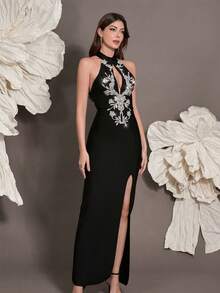 Handmade Beaded Backless Knit Bandage Dress, Luxury European Style, Sexy Fitted Cocktail Party Gown For Family Holidays - Black - View 4