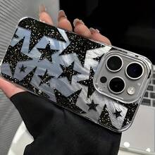 White Black Star Patterns Glitter Marble Texture IMD Feather Chiffon Shiny 1pc White IMD Feather Chiffon Shiny Star Pattern Pentagon Star Phone Case Compatible With IPhone 16 Pro Max, 17/16/15/14 Plus/13/12/11, Air, Series Spring Gift Party - Multicolor - View 4