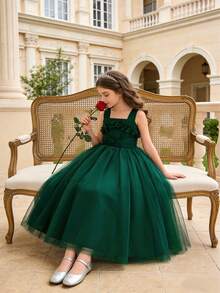 花朵泡泡纱长裙，年轻女孩演出礼服 - 墨綠色 - 查看 4