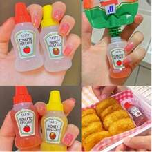 4个迷你调味挤压瓶，防漏可重复使用塑料容器，适用于番茄酱、芥末酱、蛋黄酱和沙拉酱，0.75盎司，适合午餐盒、野餐和外出用餐，番茄酱和芥末酱瓶 - 彩色 - 查看 4
