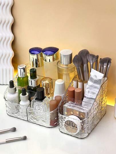 1 pieza Caja organizadora de maquillaje/Caja de almacenamiento de escritorio con 4 compartimentos - Espacio de almacenamiento para cosméticos y cuidado de la piel para adultos, bandeja de tocador transparente para accesorios de baño y escritorio, sin olor, decoración de sala de maquillaje, bolsa de maquillaje, artículo de viaje esencial