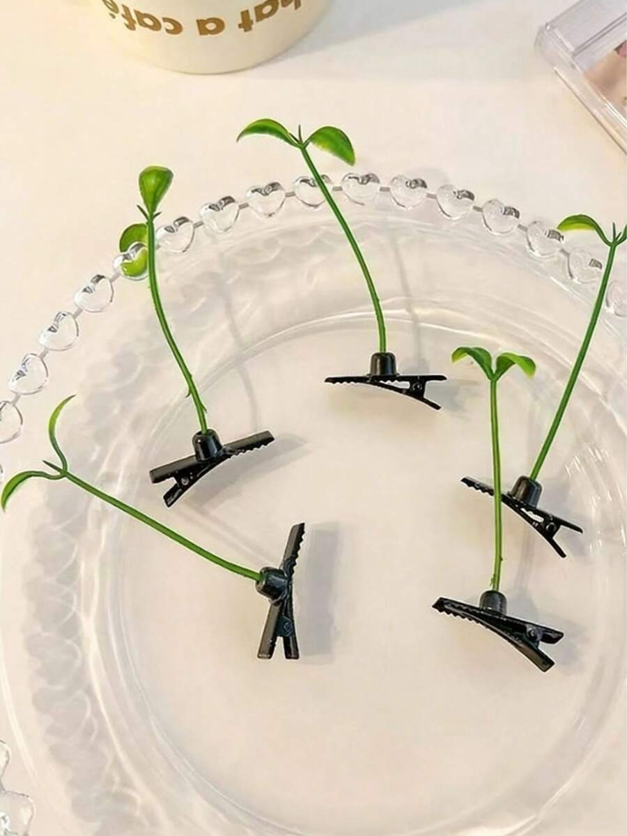 5个可爱迷你植物造型发夹，绿色发卡，适合女孩和女士，爪夹，发卡，发夹，女士发饰，头部饰品 - 綠色 - 查看 1
