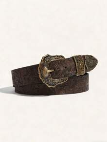 Boho Western Cowboy Style Carved Buckle Solid Color Embossed PU Leather Belt, Coffee Color Punk Belt, Suitable For Pants, Skirts, Coats, Sweaters, Western Style, Fit For Street, Party, Music Festival, Plus Size, Christmas - Bronze (bronze Buckle) - View 2
