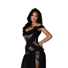 European And American Black Off-Shoulder Lace Hollow Long Dress High Slit Draped Evening Gown - 黑色 - 查看 5