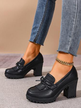 Bowknot Tassel Thick Sole Slip-On High Heel Pumps, Fashion Business Office Wear, Versatile Platform Loafers