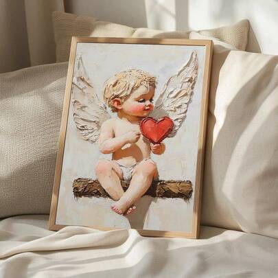 1PC Romantic Angel Baby Printable Wall Art, February 14th Home Decor, Cupid Baby Poster For Valentines Day Gift,Canvas Art Wall, Room Posters, Home Decoration, Room Decoration Items, Bedroom, Kitchen, Living Room, Corridor Decoration, Optional Frames