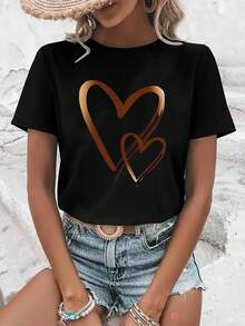Women's Casual Sports-Shirt, Pattern Print-Elastic Round Neck, Washable And Comfortable, Women's-Shirt, Fashion Style, Tops, Convenient Care, Printed Shirt, Women's Lifestyle, Soft Texture, Fashionable-Shirt, Fashionable Women's Clothinggym, Workout Tops, Graphic Tee,-Shirt, Vintage, Valentine's Day - 黑色 - 查看 6