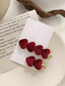 3pcs/Set Kids Velvet Heart Hair Clips & Scrunchies Set, Cute Girls Bangs Side Clips & Elastic Hair Ties, Fashionable & Versatile For Daily, Party, Valentine's Day, New Year