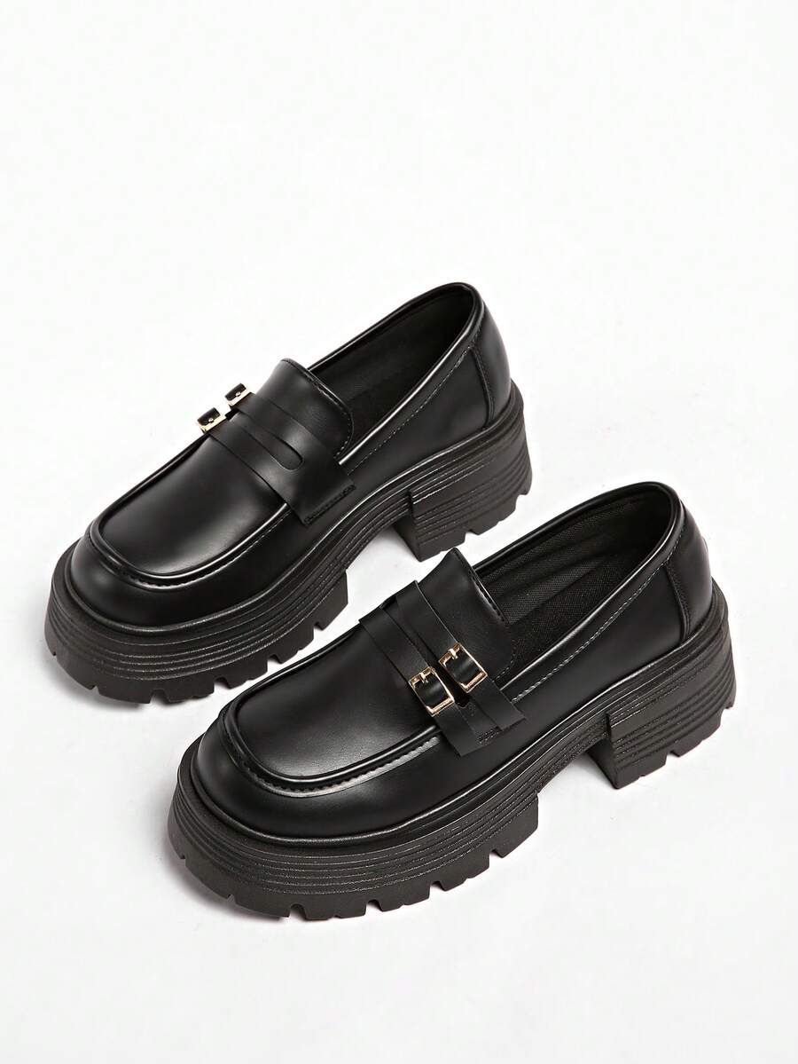 2026春季新款黑色厚底乐福鞋，英伦风一脚蹬真皮鞋，适合搭配裙装 - 黑色 - 查看 1