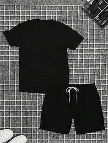 Men's Adult Cotton T-Shirt + Plain Tectel Shorts Kit - Various Colors - Black - View 2