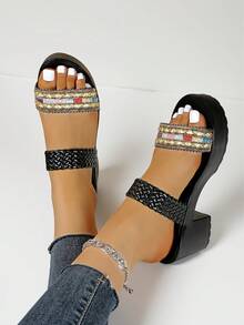 Women's Woven Slip-On High Heel Sandals, Fashionable Minimalist Slip-On Chunky Heel Black Platform Sandals - Black - View 4