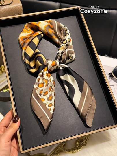 1条优雅复古动物纹印花27.6英寸方形围巾，男女通用，适合休闲、街头穿搭、户外防晒、头饰装饰。