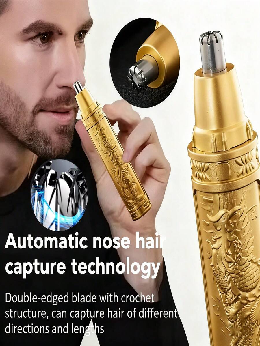 Men's Ear & Nose Hair Trimmer, 360° Rotary Dual Blade Electric Shaver, Professional Ear & Nose Hair Removal, Face Hair Removal, Battery Capacity: 400mAh - Gold - View 1
