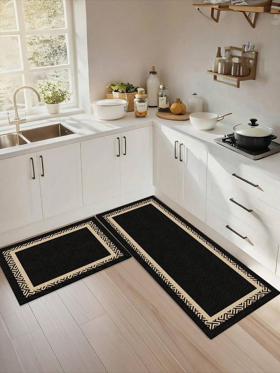 1pc Black Minimalist Pattern Kitchen Mat, Beige Trim, Non-Slip & Stain Resistant, Suitable For Room Decor, Living Room, Bathroom, Bedroom Rug, Doormat, Area Rug And Outdoor Rug, Made Of Polyester Fiber, Easy To Clean And Machine Washable, Suitable For All Seasons And Holidays. - Black - View 1