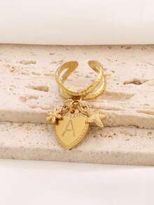 1件装 时尚设计 18k镀金不锈钢心形字母吊坠戒指 26 A-Z 字母花朵海星吊坠开口戒指 适合女性日常佩戴 珠宝礼品 - 戒指 . - 查看 8