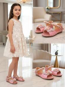 1 Pair Toddler Girls' Fuchsia Flat Sandals, Soft Leather With Colorful Rhinestone Butterfly Decor, Round Toe, Non-Slip Soft Sole, Adjustable Strap, Fashion Princess Style Beach Sandals For 3-12 Years Old, Spring/Summer 2026 - Hot Pink - View 3