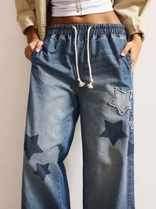 Ladies' Y2K Star Patch Patchwork Loose Jeans, With An Elastic Waist And Wide Legs Design - Casual Drawstring Loose Street Style Long Pants - Blue - View 3