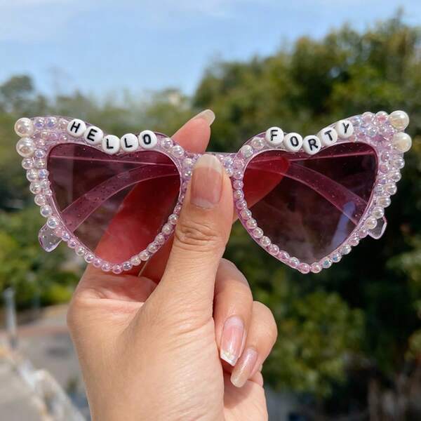 Heart-Shaped Faux Pearl "HELLOFORTY" Glasses, Y2K Heart-Shaped Fashion Birthday Party Faux Pearl Glasses, Birthday Party Accessory Gift, Suitable For Birthday Party Wear
