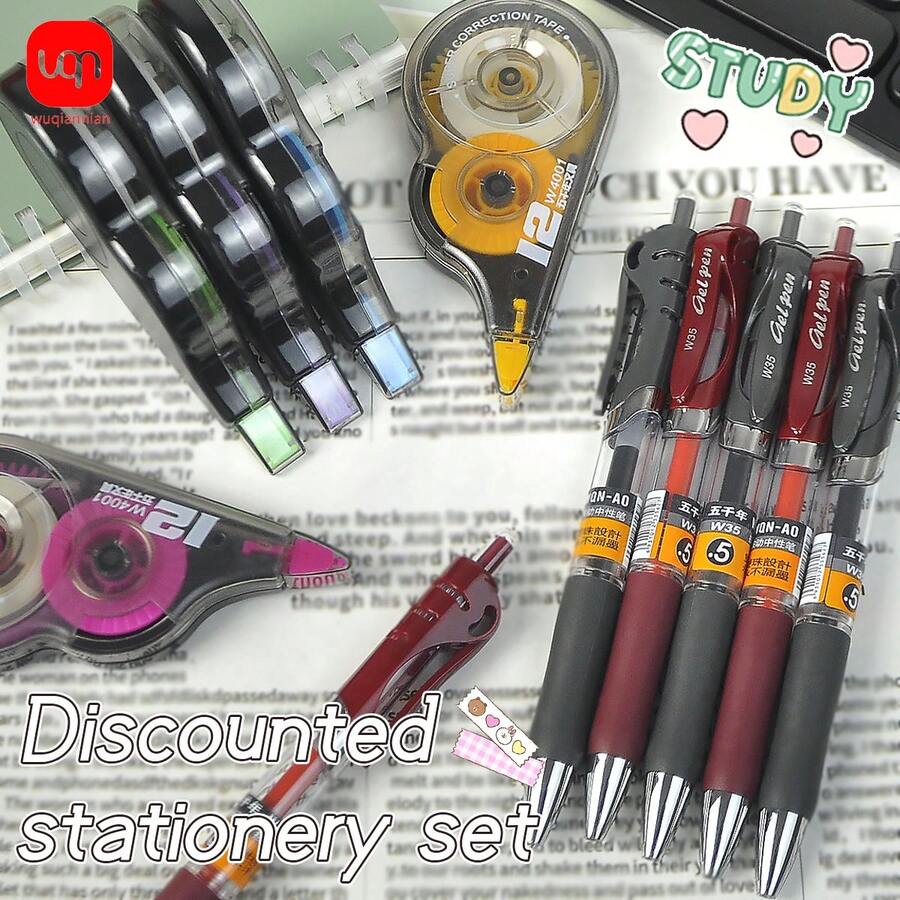 WQN 6pcs High-Quality Black/Red Click Gel Pens 0.5mm Refill Random Color, Premium Correction Tape 6-Pack With Strong Adhesive For Study And Office Supplies, Back-To-School Season - Multicolor - View 1