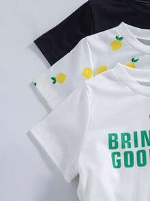 3pcs/Set Girls Casual Fruit & Letter Print Decorative Waist Short Sleeve T-Shirts, Spring/Summer - Multicolor - View 5