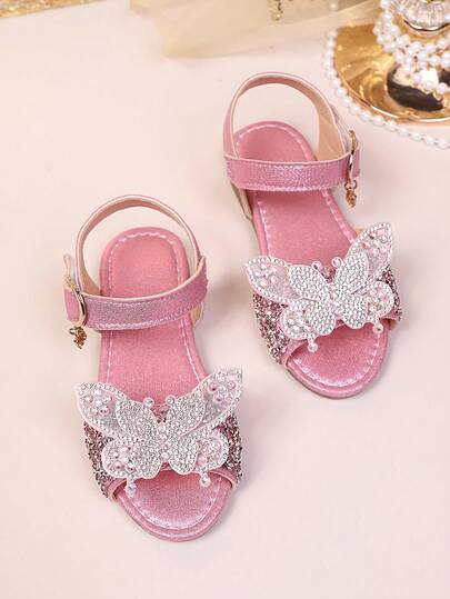 1 Pair Fuchsia Toddler/Little Girls' Flat Sandals, Soft Leather, Colorful Rhinestone Butterfly Decor, Classic Open Toe, Non-Slip Soft Sole, Adjustable Strap, Fashion Princess Sandals For 3-12 Years Old, Suitable For Daily, Holiday, Party, Spring/Summer 2026