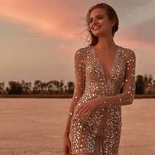 2026 Sexy Deep V Sheer Sequin Bodycon Dress Long Sleeve Evening Gown Women's Spring Fashion - 綠色 - 查看 3