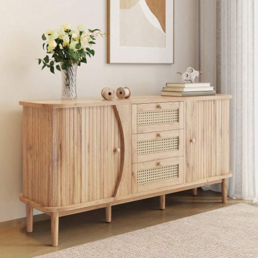 Sideboard, Rattan Chest Of Drawers, Chest Of Drawers With Sliding Doors, Adjustable Shelves And Rounded Top. - Khaki - View 1
