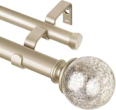 KAMANINA Double Curtain Rod 36 To 72 Inches (3-6 Feet) 7/8 Inch Curtain Rods For Windows, Telescoping Heavy Duty Drapery Rods With Decorative Crackle Glass Finials, Champagne Gold