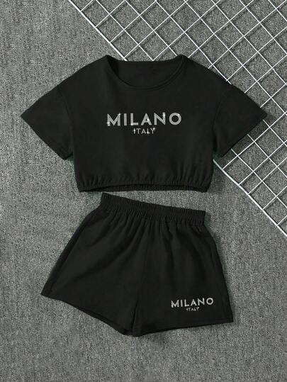 Girls Letter Print Loose Short Sleeve T-Shirt And Shorts Set, Featuring Simple Korean Style Round Neck Design, Fashionable Cropped Design, Suitable For Summer Wear