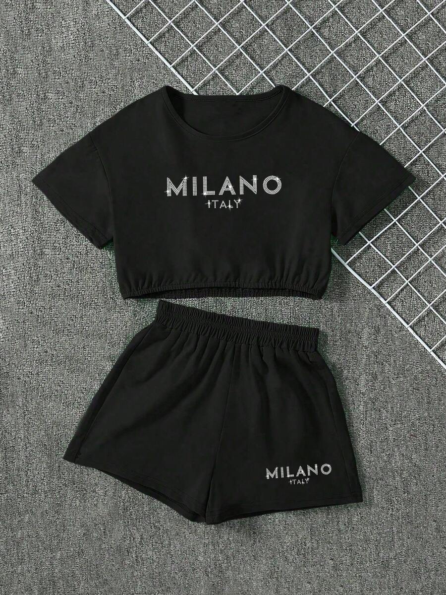 Girls Letter Print Loose Short Sleeve T-Shirt And Shorts Set, Featuring Simple Korean Style Round Neck Design, Fashionable Cropped Design, Suitable For Summer Wear - Black - View 1