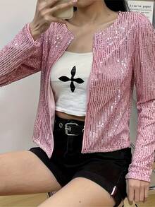 2025 Spring New Women's Fashion Stand Collar Solid Color Sequin Jacket Short Casual Versatile Small Jacket - 粉色 - 查看 5