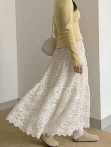 蕾丝拼接刺绣高腰半身裙，飘逸显瘦，荷叶边裙摆，百搭单品，2026春季新品 - 米色 - 查看 2